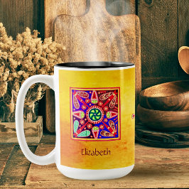 Taza Bicolor Huichol Arte Mexicano Bohemio Colorido