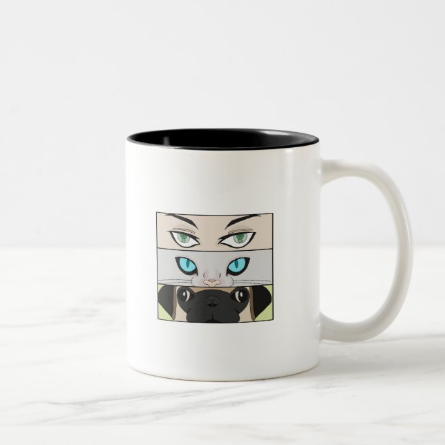 Taza Bicolor Humanos, gatos y perros mirándote (Derecha)
