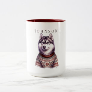 Taza Bicolor Husky Siberiano Festivo Personalizado