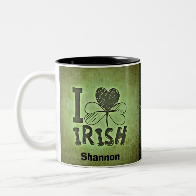 Taza Bicolor I Heart Irish Shamrock Name Monogram Initials (Izquierda)