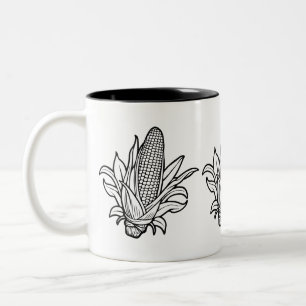 Taza Bicolor Icono de mazorca de maíz en blanco y negro con hoj
