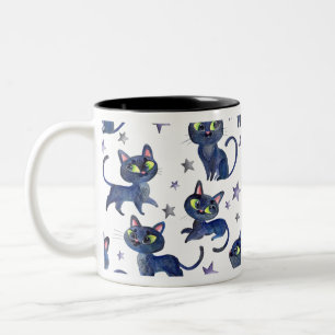 Taza Bicolor Ilustracion acuarela de Halloween con gatos negros