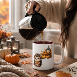 Taza Bicolor Ilustración de adorable erizo de otoño con escaler