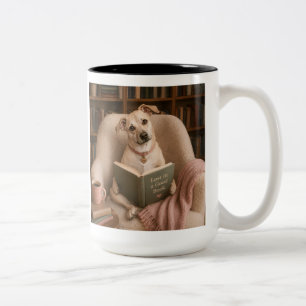 Taza Bicolor Ilustración de biblioteca en acuarela de perro ley