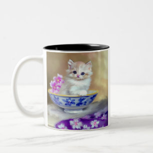 Taza Bicolor Ilustracion de gatito blanco vintage