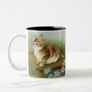 Taza Bicolor Ilustracion de gatito vintage con flores