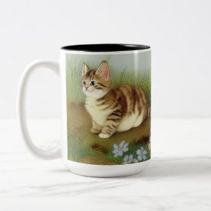 Taza Bicolor Ilustracion de gatito vintage con flores