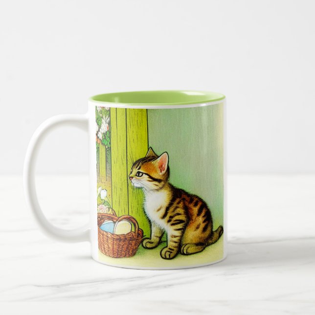 Taza Bicolor Ilustracion de gato de tabby de época (Izquierda)