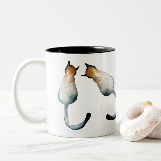 Taza Bicolor Ilustracion de gato negro y marrón tabby (Con donut)