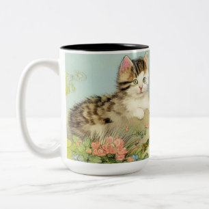 Taza Bicolor Ilustracion de gato vintage con flores rosas