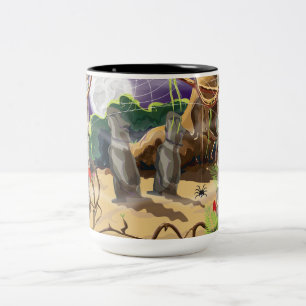 Taza Bicolor Ilustración de templo oculto en la selva tropical.