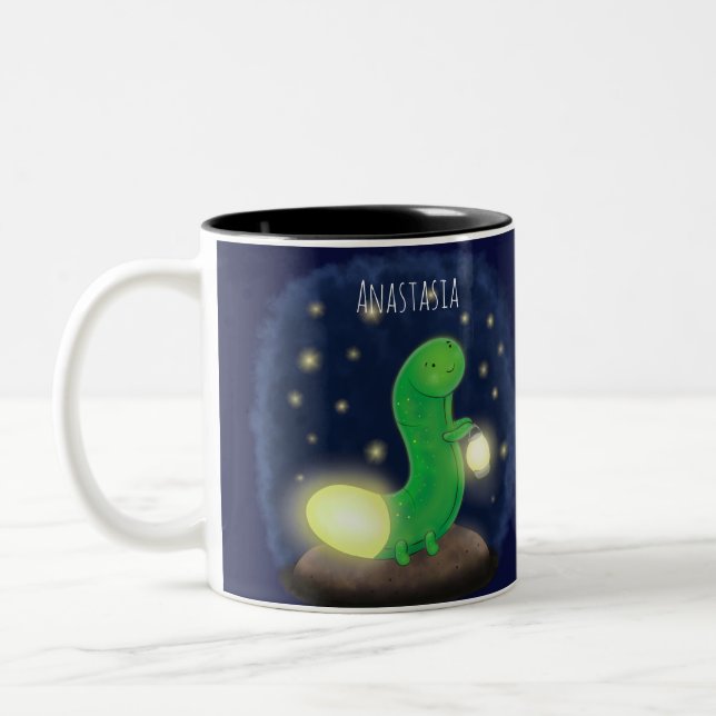 Taza Bicolor Ilustracion personalizado de gusano de brillo verd (Izquierda)