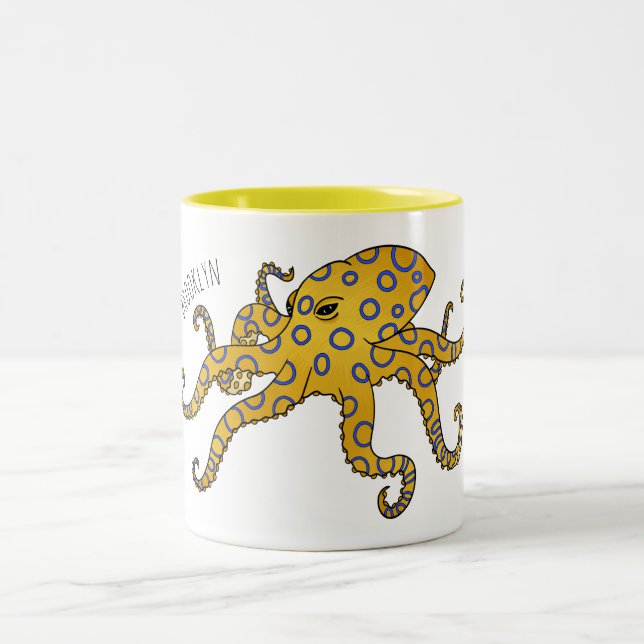 Taza Bicolor Ilustracion personalizado de pulpo de anillo azul (Centro)