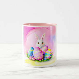 Taza Bicolor Imagen de conejo de Pascua creada en estilo acuare
