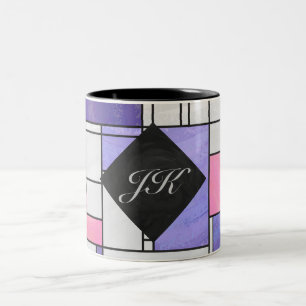 Taza Bicolor Impresión blanca rosada morada mondriana