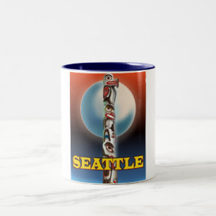 Taza Bicolor Impresión de cartel de viaje del tótem de Seattle
