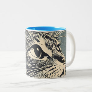 Taza Bicolor Impresión de linóleo para gatos tabulados
