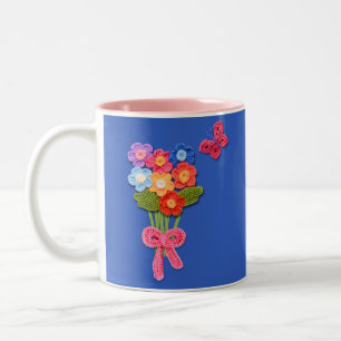 Taza Bicolor Impresión de mariposa y remolino de flores crochet