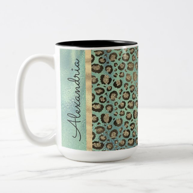 Taza Bicolor Impresión Purpurinoso de leopardo sobre verde bril (Izquierda)