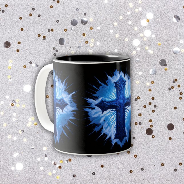 Taza Bicolor Impresionante cruz azul cristiana en negro | (Subido por el creador)