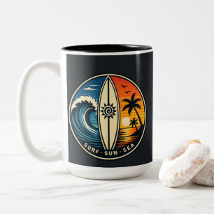 Taza Bicolor Insígnia Vintage Surf Sol Mar – Olas de puesta de 