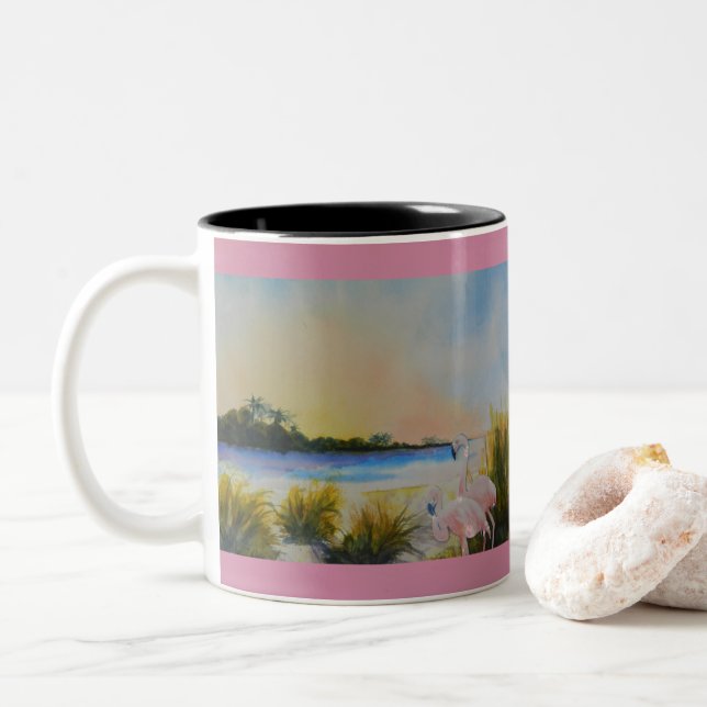 Taza Bicolor Isla Tropical de Flamingos Rosados (Con donut)