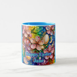 Taza Bicolor ~ JANE ~ FELIZ PASCUA ~ Flores Huevos ~