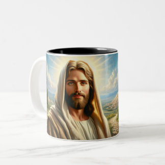 Taza Bicolor Jesús sonriendo bajo un cielo celestial
