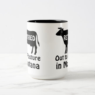 Taza Bicolor Jubilado fuera del pasto Montana Vaca divertida 
