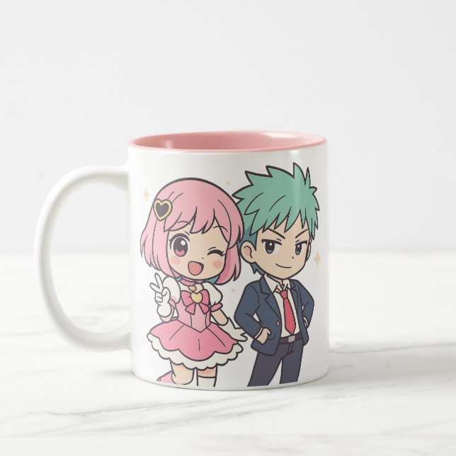 Taza Bicolor Kawaii Chibi Pareja Anime Mug Cute Regalo (Izquierda)