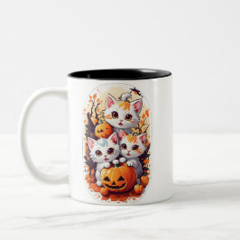 Taza Bicolor Kawaii Gatitos jugando con una pequeña calabaza