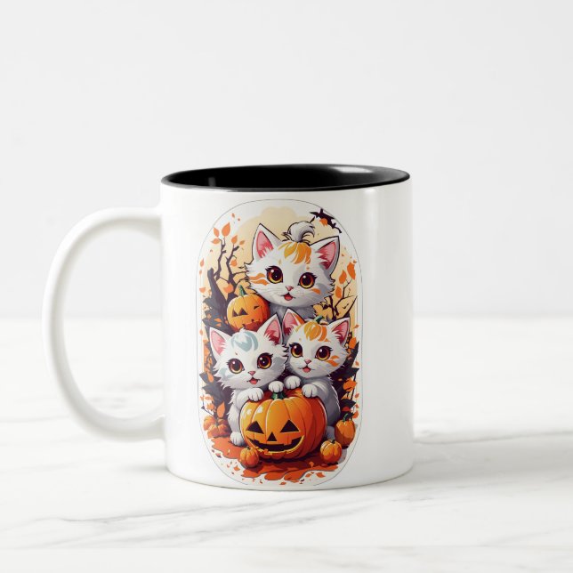 Taza Bicolor Kawaii Gatitos jugando con una pequeña calabaza (Izquierda)
