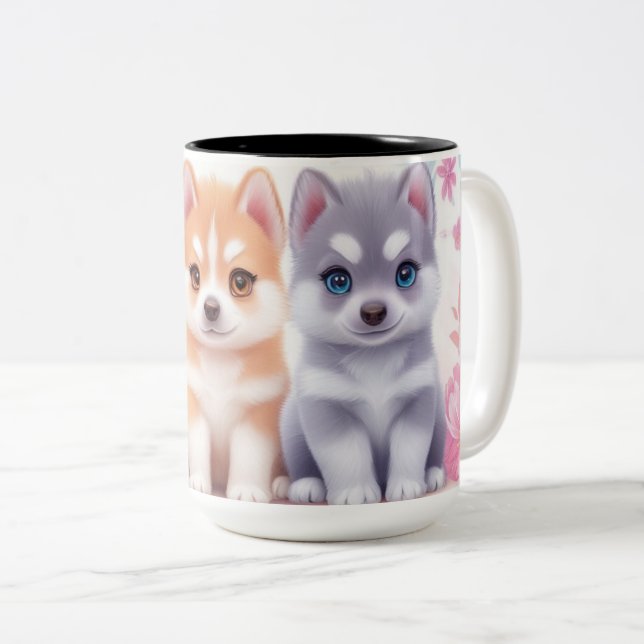 Taza Bicolor Kawaii Husky Cachorros: Café Pastel Pals (Anverso derecho)