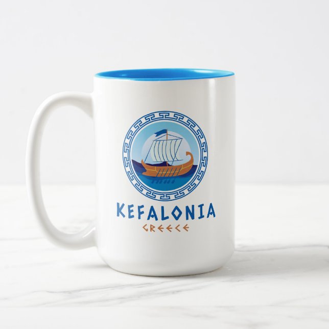 Taza Bicolor Kefalonia, Grecia Diseño de Barco Griego (Izquierda)