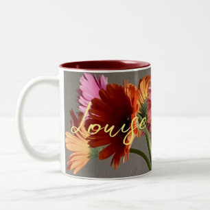 Taza Bicolor La feliz flor de color Gerbera + nombre personaliz