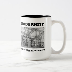 Taza Bicolor La modernidad comienza con la electricidad cables 