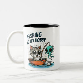 Taza Bicolor La pesca es mi hobby - gato en un bote y pez alien