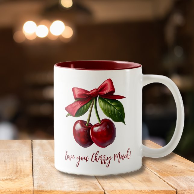 Taza Bicolor Las cerezas y un amor frenético (Cherry Red with a Bow-Two toned mug-Love you Cherry Mug)