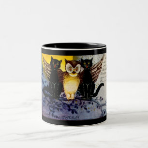 Taza Bicolor Lechuza Halloween y gatos negros