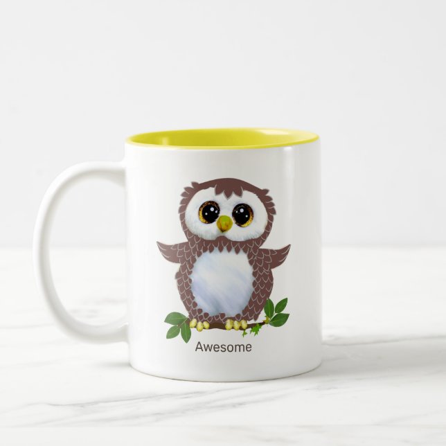 Taza Bicolor Lechuza marrón, hojas de laurel y caligrafía (Izquierda)