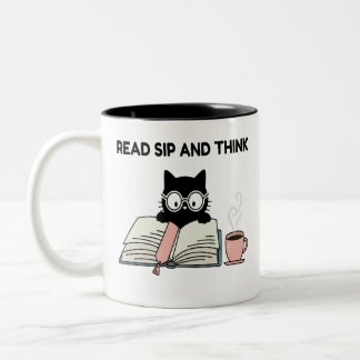 Taza Bicolor Lee, Bebe y Piensa Gato Adorable Leyendo Libro y C