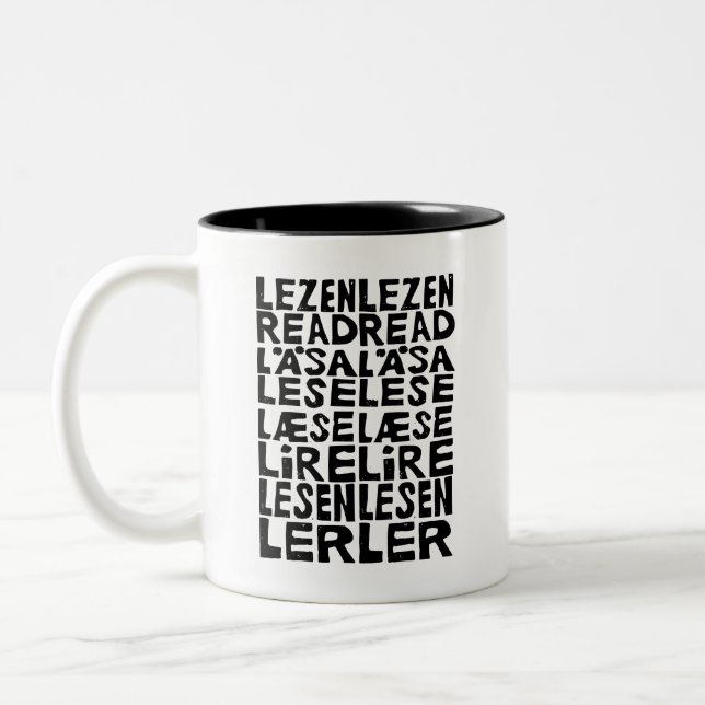 Taza Bicolor Leer en 8 idiomas Lino Print Mug (Izquierda)