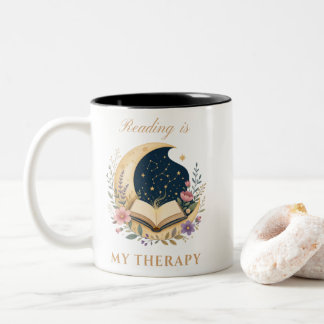 Taza Bicolor Leer es Mi Terapia Libro de Luna y Estrellas Celes