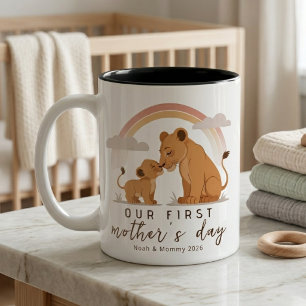 Taza Bicolor León Cálido Mamá Bebé Primer Día de las Madres Art