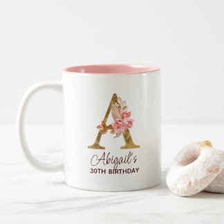 Taza Bicolor Letra A Monograma Dorado Rosas Rosa Claro
