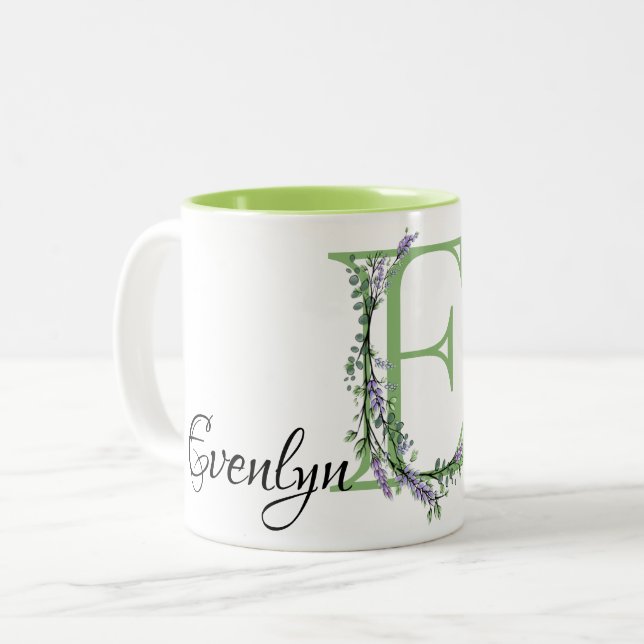 Taza Bicolor Letra alfabética E Lavender Eucalyptus monogramada (Anverso izquierdo)