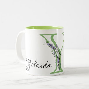 Taza Bicolor Letra alfabética Y, acuarela botánica Lavender