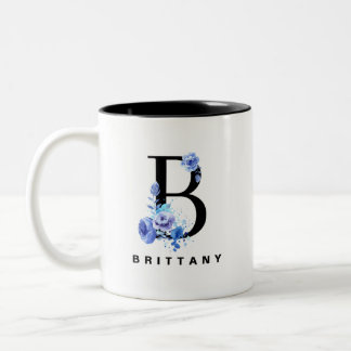 Taza Bicolor Letra azul Rosa acuarela floral B monograma