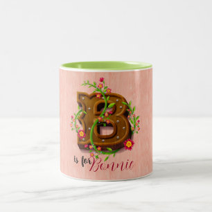 Taza Bicolor Letra B Alfabeto de madera - Floral 3D inicial