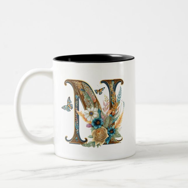 Taza Bicolor Letra bohemia floral elegante N (Izquierda)